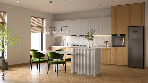 Obraz Modern scandinavian  kitchen room interior, with wooden cabinets  and contemporary dinning island with plants and wood floor.3d render