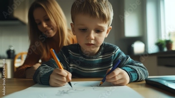 Fototapeta Little boy and his mother drawing with felt-tip pens on table in kitchen closeup
