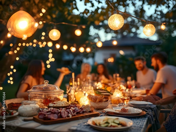 Obraz A cozy outdoor dinner gathering illuminated by string lights, featuring delicious food and joyful friends enjoying the evening.
