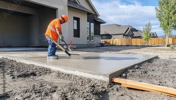 Obraz Construction worker smoothing fresh concrete in front of residential home on a sunny day.