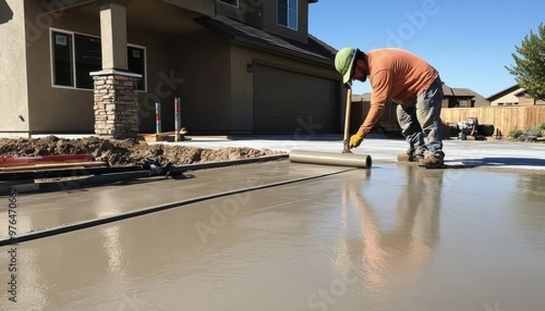 Fototapeta Construction worker smooths wet concrete in front of a house. Fresh concrete slab installation for a new home. Outdoor construction site.