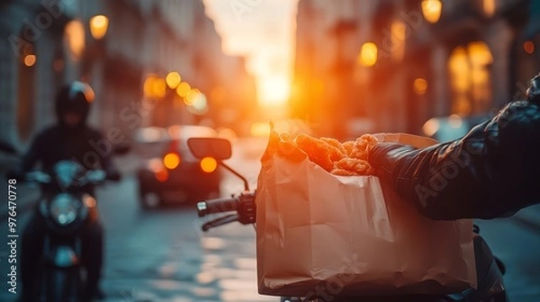 Fototapeta Courier delivering orders on a motorbike in a city at sunset, reflecting the busy urban lifestyle and conveniences of modern living.
