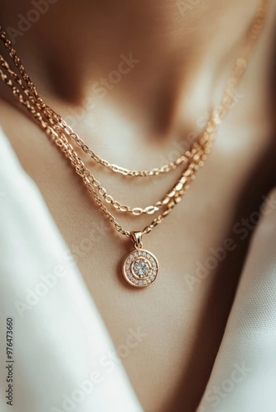 Fototapeta Elegant close-up of layered gold necklaces on a woman's neck, featuring a pendant with intricate details.