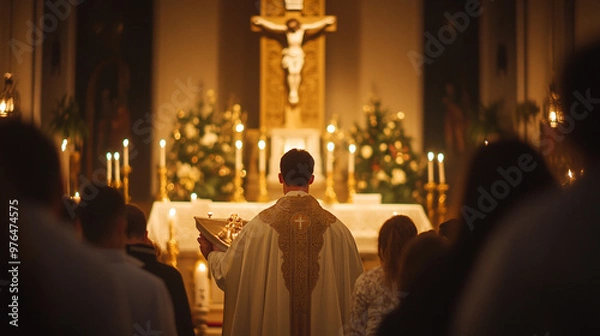 Obraz Priest Holding Eucharist During Mass with Reverent Congregation and Ornate Crucifix