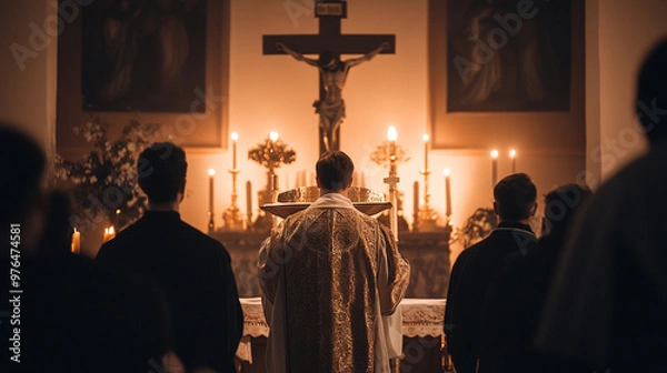 Obraz Priest Holding Eucharist During Mass with Reverent Congregation and Ornate Crucifix