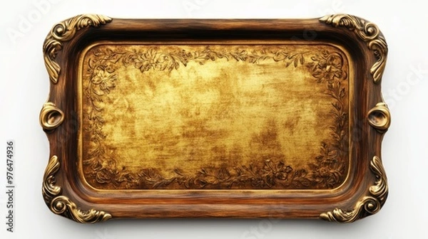 Fototapeta Golden plate or nameboard in wooden frame isolated on white
