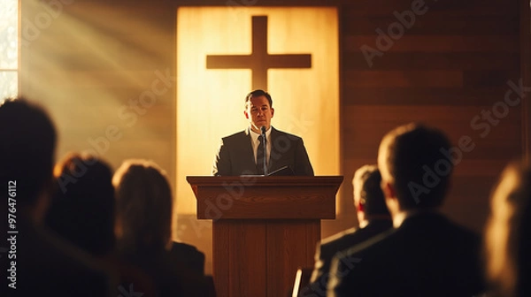 Obraz Pastor Delivering Sermon Behind Wooden Pulpit with Cross Overhead