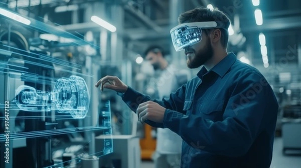 Fototapeta Engineer using augmented reality headset to visualize holographic model in futuristic factory setting.