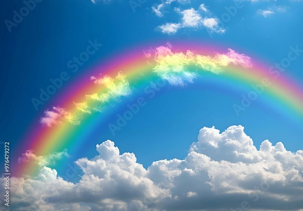 Fototapeta A vibrant rainbow arcs across a clear blue sky, surrounded by fluffy white clouds, symbolizing peace and beauty in nature.