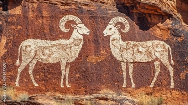 Fototapeta Big horn sheep petroglyphs of the Anasazi Native American people on red sandstone wall in Capitol Reef National Park Utah