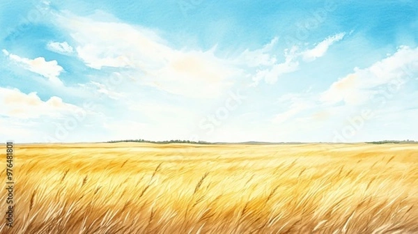 Fototapeta Watercolor painting of a golden wheat field under a blue sky with white clouds.