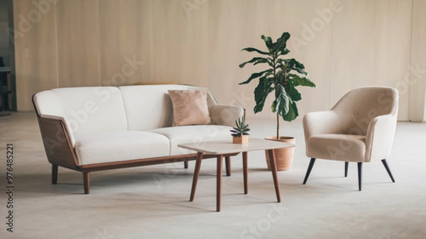 Fototapeta A photo of a modern living room. There's a white sofa with a wooden base, a beige chair, a small coffee table, and a potted plant. The room has a clean background with a lot of negative space.