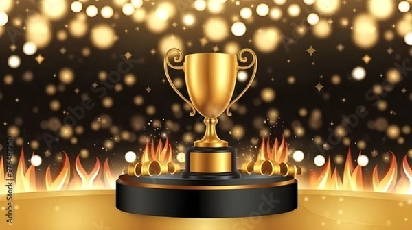 Obraz 3D golden award on black pedestal with glitter light effects, bokeh, and ribbon motifs and flaming effects Elegant background for an award ceremony in vector View Less
