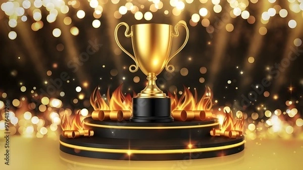 Obraz 3D golden award on black pedestal with glitter light effects, bokeh, and ribbon motifs and flaming effects Elegant background for an award ceremony in vector View Less
