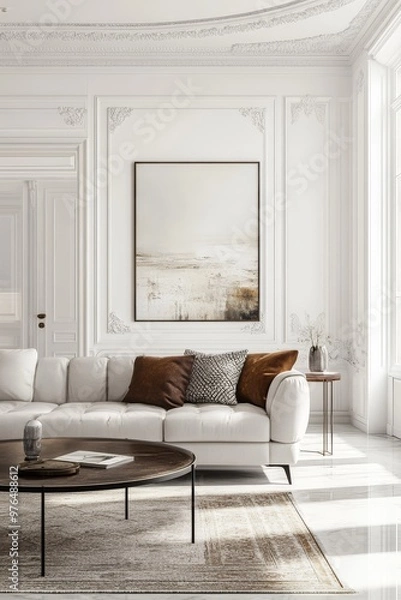 Fototapeta Modern living room with white sofa, brown pillows, and minimalistic decor in bright, natural light setting.