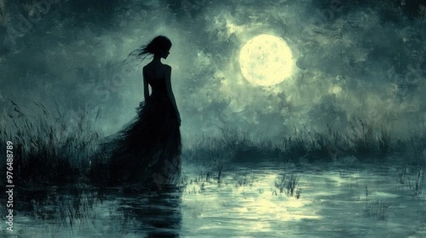 Fototapeta Enigmatic Ghostly Woman by Moonlit Lake - Ethereal Silhouette of Lady Reflecting in Water at Night