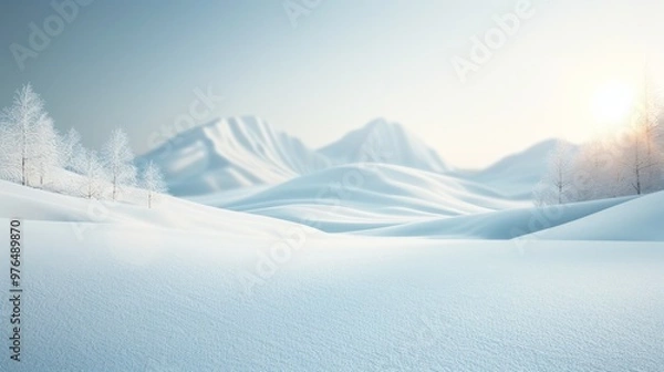 Obraz Serene Winter Landscape, vast snow-covered hills undulate under a soft light, trees adorned with frost shimmer, capturing a tranquil and pristine winter atmosphere.