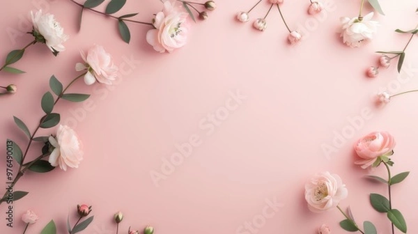 Fototapeta Delicate blooms arranged gracefully, soft pink backdrop enhancing the beauty of peonies and buds, evoking a serene and romantic atmosphere perfect for celebrations.