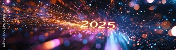 Obraz The year "2025" stands bright and bold in glowing gold, surrounded by swirling purple and blue light beams, set against a dark cosmic background, filled with shining stars and nebula clouds. 3d