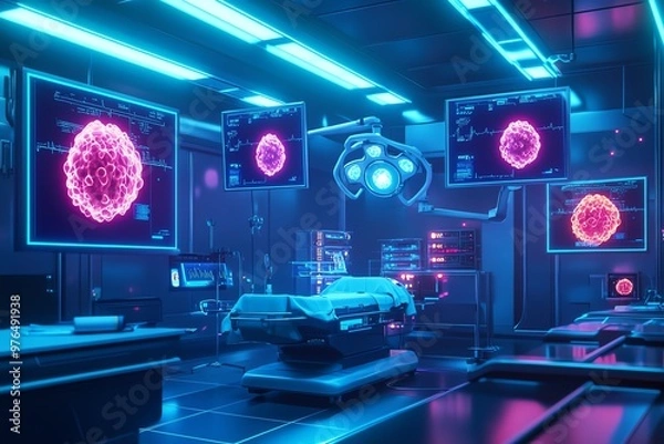 Fototapeta Futuristic medical lab showcasing advanced technology, neon lights, and digital displays of biological organisms.