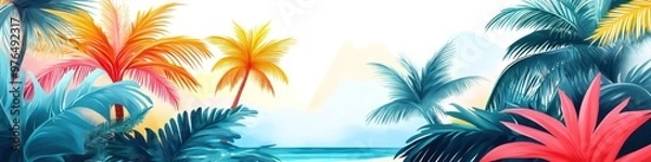 Fototapeta A detailed festival banner with a tropical theme, including palm trees, beach elements, and bright, cheerful colors