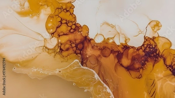 Obraz Alcohol ink technique painting in abstract fluid art. Warm tones are painted with flowing translucency. Background like the shifting sands' terrain. Designed for a cover, postcard, poster, or wall art