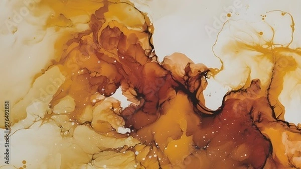 Obraz Alcohol ink technique painting in abstract fluid art. Warm tones are painted with flowing translucency. Background like the shifting sands' terrain. Designed for a cover, postcard, poster, or wall art
