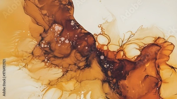 Obraz Alcohol ink technique painting in abstract fluid art. Warm tones are painted with flowing translucency. Background like the shifting sands' terrain. Designed for a cover, postcard, poster, or wall art