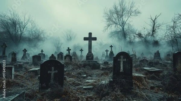 Fototapeta Ethereal Awakening: Ghostly Apparitions in Misty Graveyard at Dawn