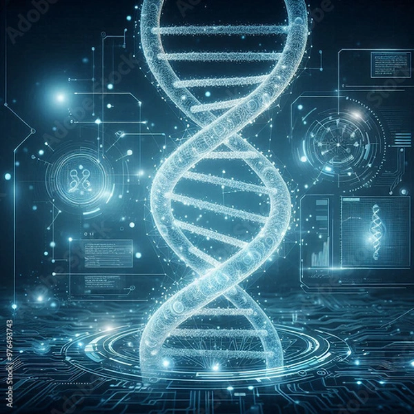 Fototapeta dna background Futuristic AND scientific research concept with technology with blue glowing abstract molecules and laboratory beakers