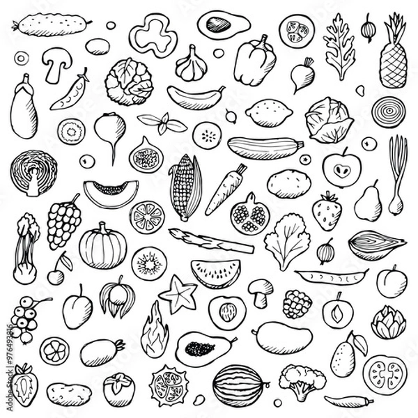 Fototapeta A collection of hand-drawn fruits and vegetables arranged in a pattern, showcasing various types of produce.