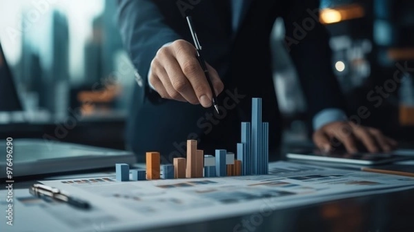 Fototapeta A business professional analyzing data charts with bar graphs, symbolizing market trends and financial strategies.