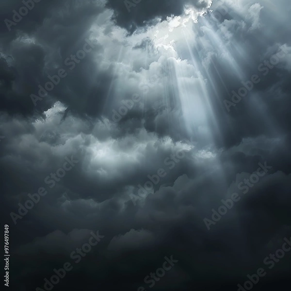 Fototapeta A close-up of light beams breaking through a dark storm cloud, creating a dramatic contrast between the bright sky and deep shadows. 8k UHD, suitable for high-quality printing or digital display. 