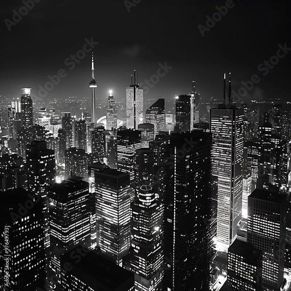 Fototapeta A high-contrast black and white photograph of a city skyline at night, with bright lights glowing against the deep darkness of the night sky. 8k UHD, suitable for high-quality printing or digital 