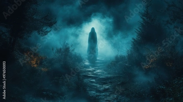 Fototapeta The Haunting of Whispering Woods - A Ghostly Encounter in the Dark Forest Path