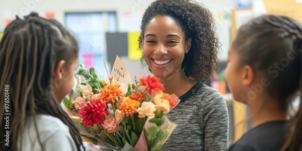 Fototapeta A teacher receiving a bouquet of flowers and a handwritten thank-you card from a group of smiling students, showing gratitude for their hard work and dedication.