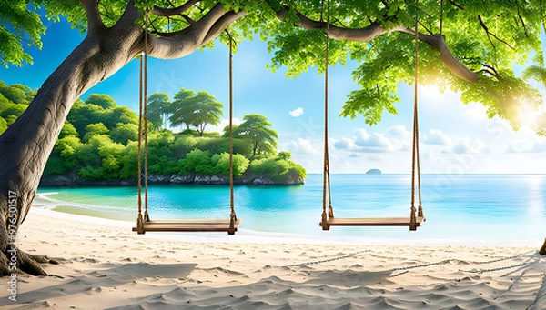 Fototapeta Serene and picturesque landscape image featuring two simple wooden swings hanging from sturdy tree branches,background showcases a tranquil beach with soft white sand leading to calm, clear  waters