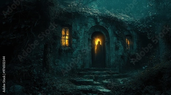 Fototapeta Ghostly Presence in Abandoned Stone House at Night - Spooky Specter in Moonlit Doorway of Haunted Building