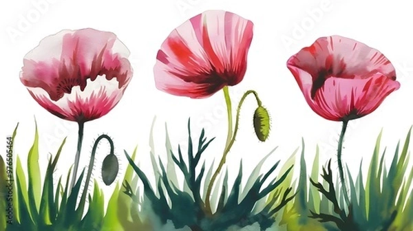 Obraz painting of a poppies in watercolor. Flowers isolated against a white background. Paintings of a set of pink and crimson poppies. Hand-painted watercolor flowery background with flowers View Less
