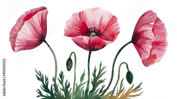 Obraz painting of a poppies in watercolor. Flowers isolated against a white background. Paintings of a set of pink and crimson poppies. Hand-painted watercolor flowery background with flowers View Less
