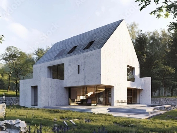 Fototapeta modern two-story family home, with a gable roof, a small terrace, and light grey stone walls. It captures the serene setting amidst lush greenery.