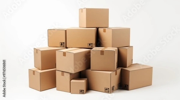 Fototapeta A stack of brown cardboard boxes on a white background.