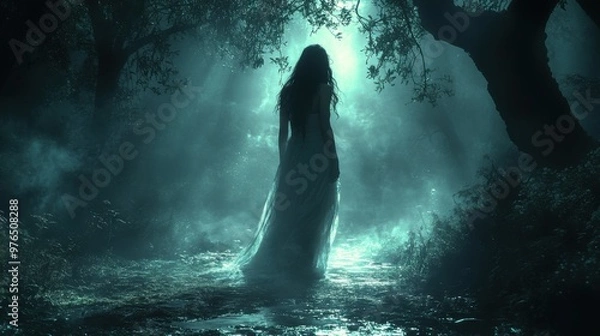 Fototapeta Enigmatic Ghostly Woman in White Dress Roaming Dark Forest at Moonlight with Eerie Shadows - Haunting and Ethereal Atmosphere
