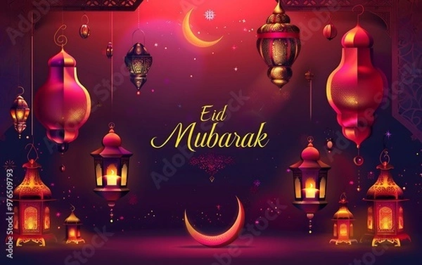 Fototapeta Eid mubarak background with arabic lanterns and crescent moon