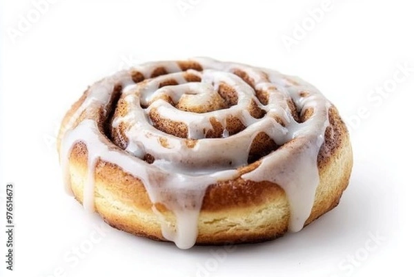 Fototapeta Cinnamon Roll, A sweet roll made from dough flavored with cinnamon and sugar, often topped with a cream cheese or glaze icing. Isolated on White Background