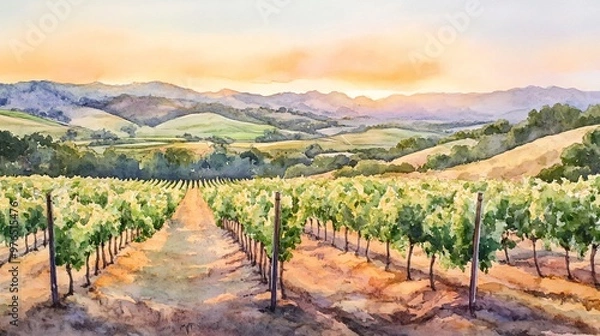 Fototapeta Watercolor painting of a vineyard with rows of grapevines, a dirt road, and rolling hills in the background.