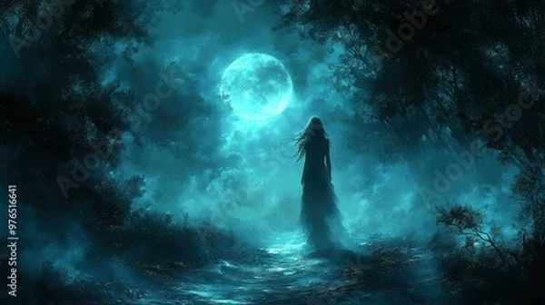 Fototapeta Eerie Ghostly Figure in Foggy Forest at Night with Moonlight Shadows - Haunting and Mysterious Scene of Paranormal Activity