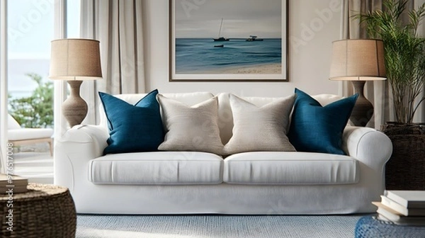 Fototapeta Serene Coastal Living Room With Ocean View Wall Art and Plush Seating