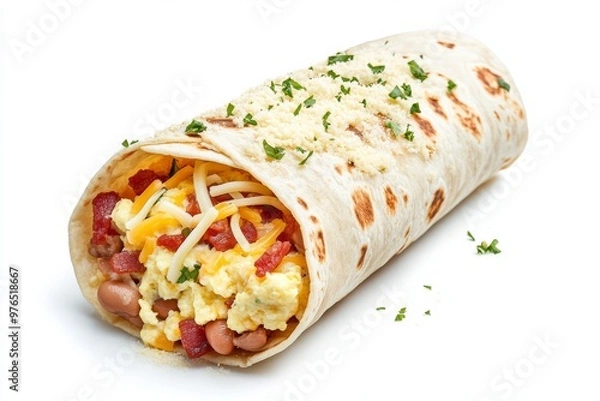 Fototapeta Breakfast Burrito, A flour tortilla filled with scrambled eggs, cheese, beans, and sometimes meats like bacon or sausage, often served with salsa or hot sauce. Isolated on White Background