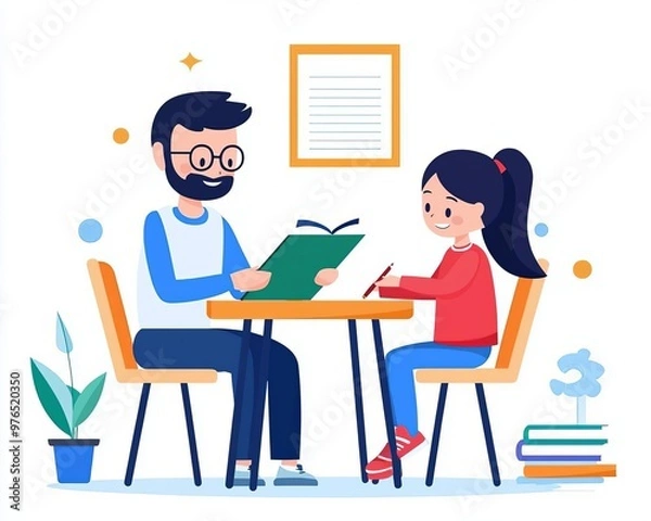 Obraz Homeschool classroom, family working on projects, flat design illustration